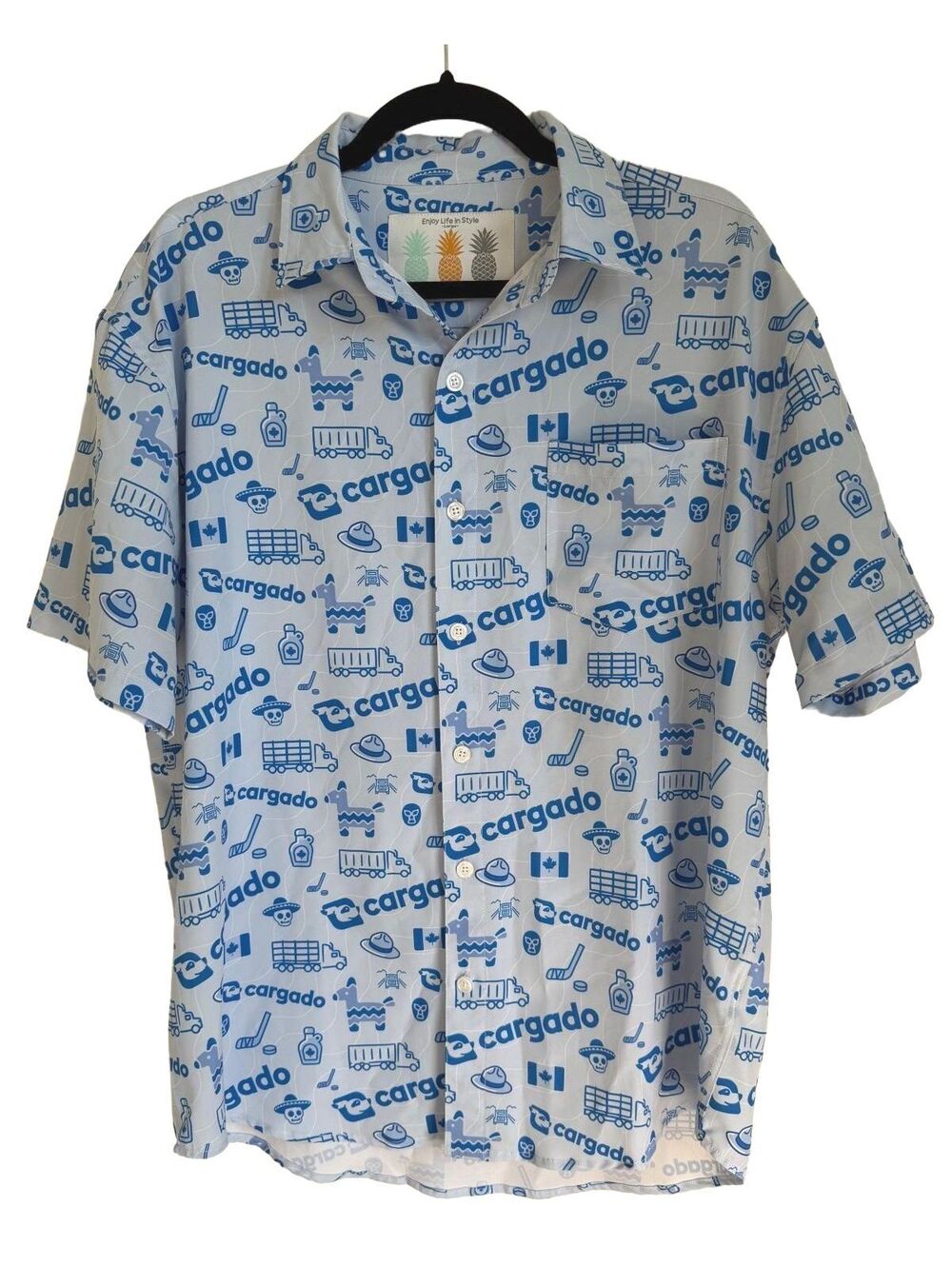 Tropical Bros Large Blue White Short Sleeve Button-Up Shirt Cargado Novelty